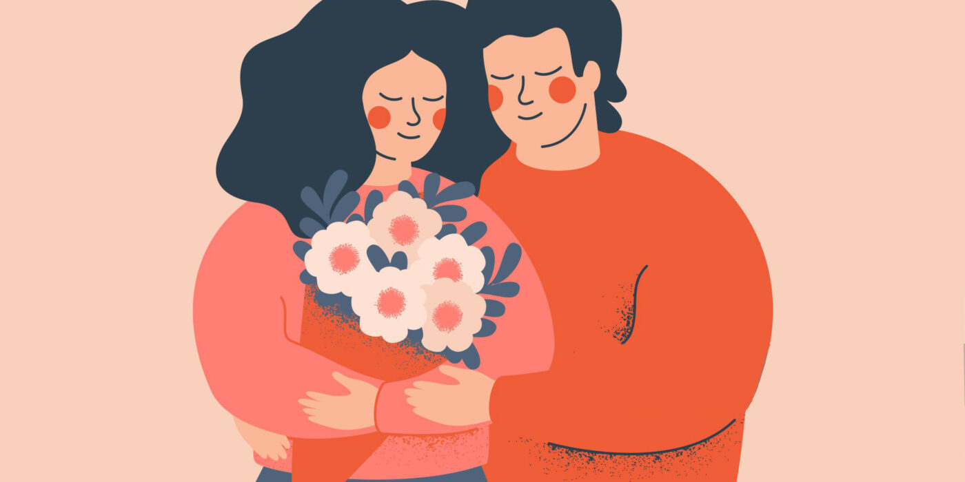 Young couple embrace each other with love and care. Happy woman holds a flower bouquet. Concept of the Valentine day and family day